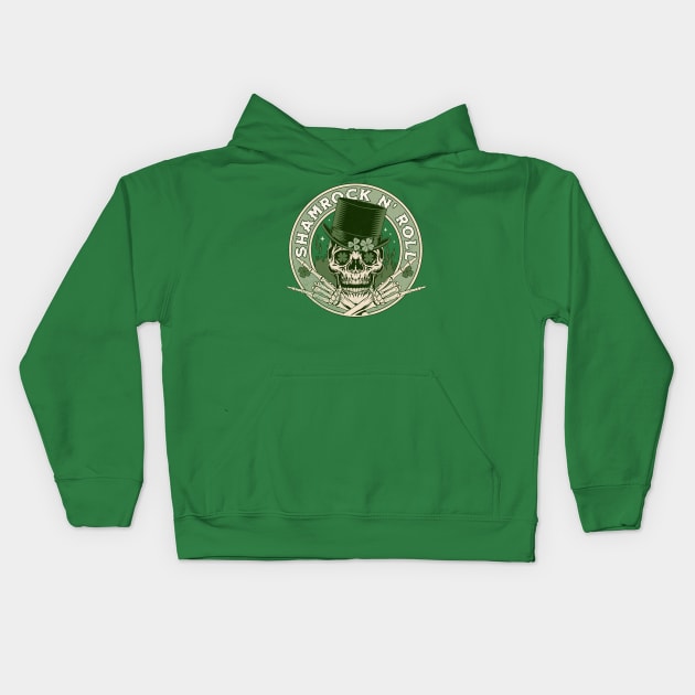 Shamrock and Roll - Rock and Roll Saint Patrick's Day Skull Kids Hoodie by OrangeMonkeyArt